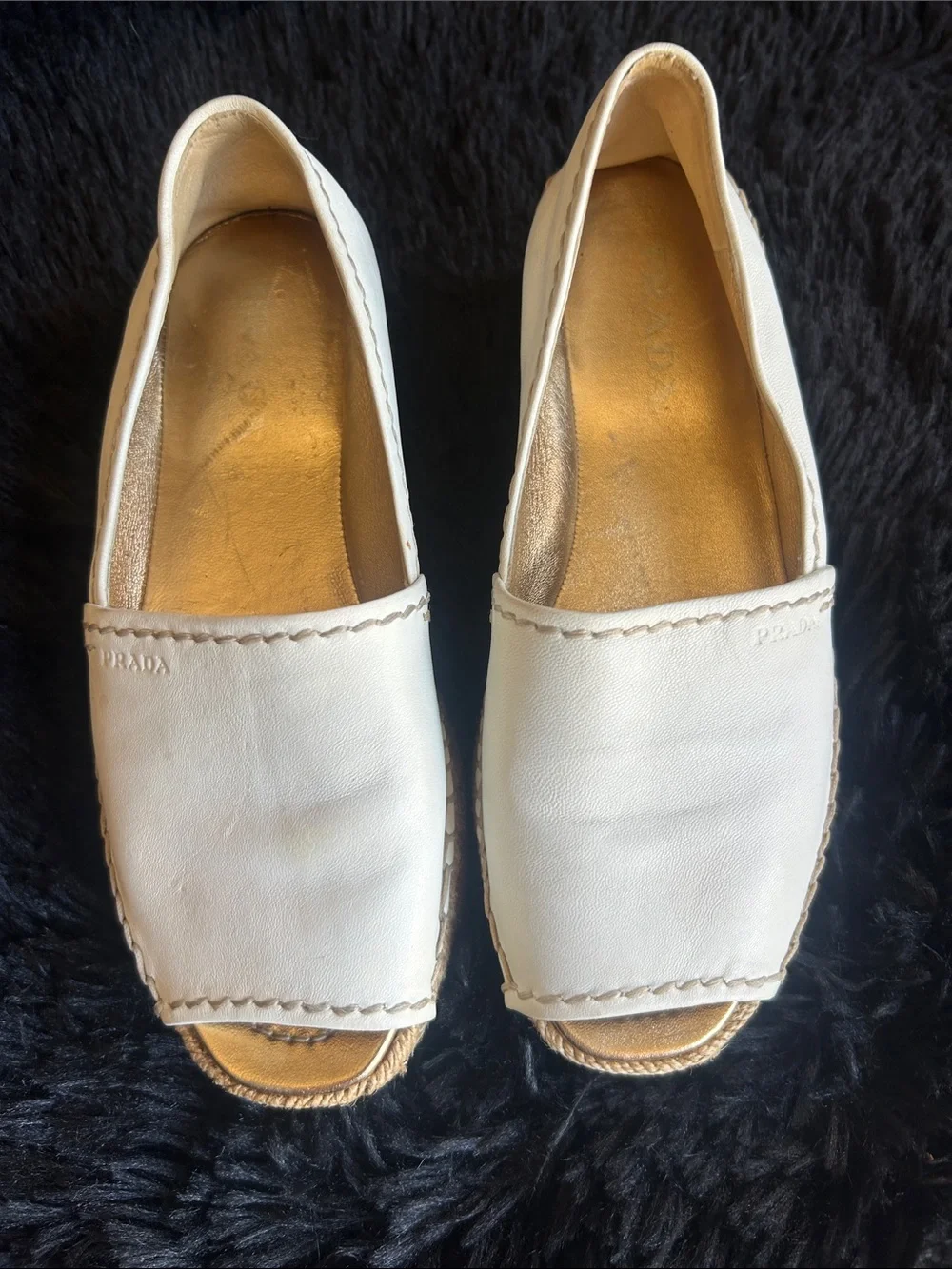Prada white leather peep-toe platform espadrilles retail $710-$850